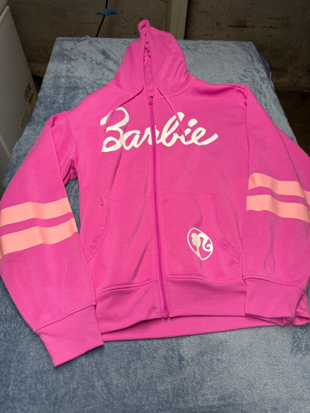Barbie Hot Pink Zip Hoodie with Light Pink Sleeve Stripes